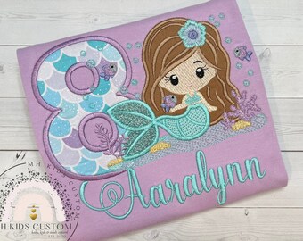 Mermaid undersea birthday shirt, mermaid embroidered birthday shirt, personalized birthday shirt, mermaid shirt, mermaid birthday party