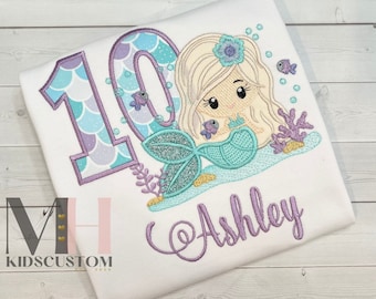 Personalized Mermaid birthday shirt, embroidered mermaid shirt, mermaid birthday party