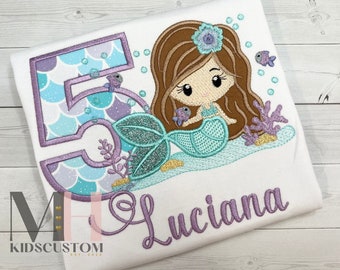 Mermaid birthday shirt, embroidered personalized birthday shirt, mermaid birthday party