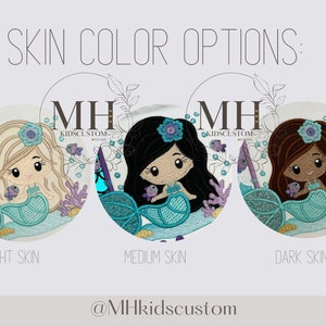 May include: Three embroidered images of a mermaid with different skin tones: light, medium, and dark. Each image features a mermaid with a teal tail, a purple seashell, and a flower in her hair. The text "MH KIDSCUSTOM" is visible on each image.