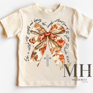 Faith Bow Fall Leaves Shirt, Fall Autumn T-shirt, Girl Jesus Shirt, Christian Kids Apparel, Girls Kids Toddler Christian Natural Tee