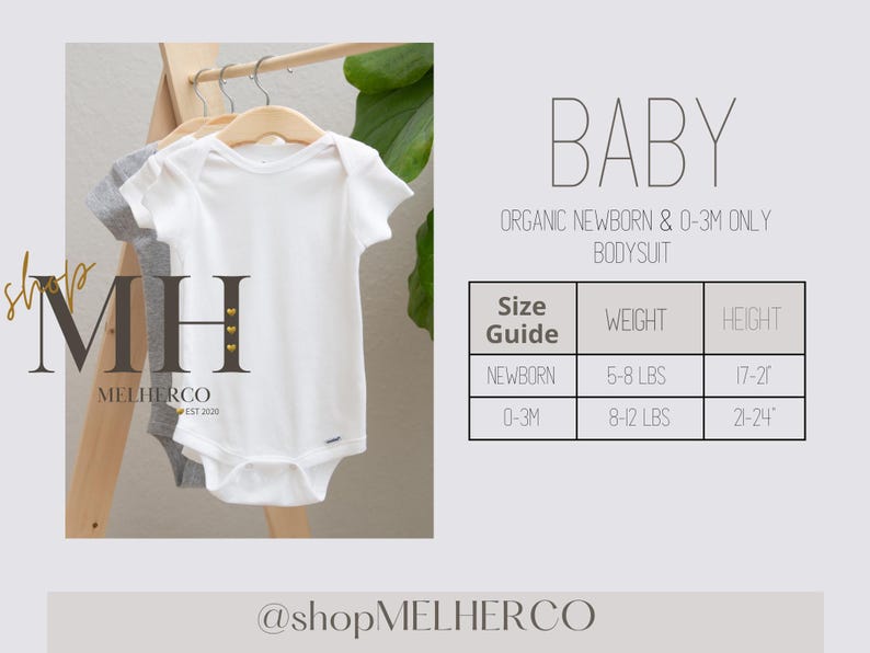 Puede incluir: Bodys de beb&eacute; blancos y grises colgando de un estante de madera. El texto de la imagen dice "BABY ORGANIC NEWBORN & 0-3M ONLY BODYSUIT". Tambi&eacute;n se incluye una gu&iacute;a de tallas, con medidas en libras y pulgadas.