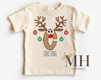 Personalized Reindeer Christmas Shirt, Custom Christmas Name Shirt, Kids Christmas Monogram Shirt, Kids Toddler Christmas Natural Tee