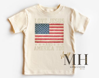 Love Jesus And America Too Shirt, Patriotic Kids T-shirt, Christian Shirt, Jesus Shirt, Kids Toddler Christian Natural Tee, Gift For Kids