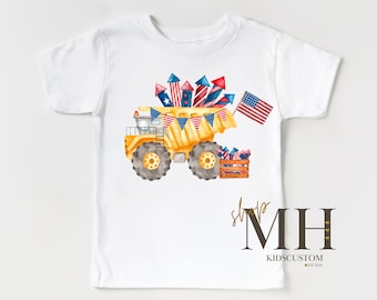 Construction Truck Flag Shirt, Patriotic Kids T-shirt, Fourth of July Shirt, Dump Truck Shirt, Boys Kids Toddler Tee, Gift for Kids