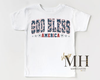 God Bless America Floral Shirt, Patriotic Kids T-shirt, Fourth of July Shirt, Retro GOD Shirt, Girls Kids Toddler Christian Tee, Kids Gift