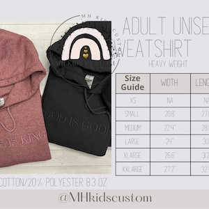 May include: A size chart for adult unisex sweatshirts, showing width and length measurements in inches for sizes XS through XXL. The chart is printed on a white background with black text. The text "Adult Unisex Sweatshirt" is printed in black at the top of the chart. The text "Heavy Weight" is printed in black below the text "Adult Unisex Sweatshirt". The text "Size Guide" is printed in black above the chart. The text "Width" is printed in black above the first column of the chart. The text "Length" is printed in black above the second column of the chart.