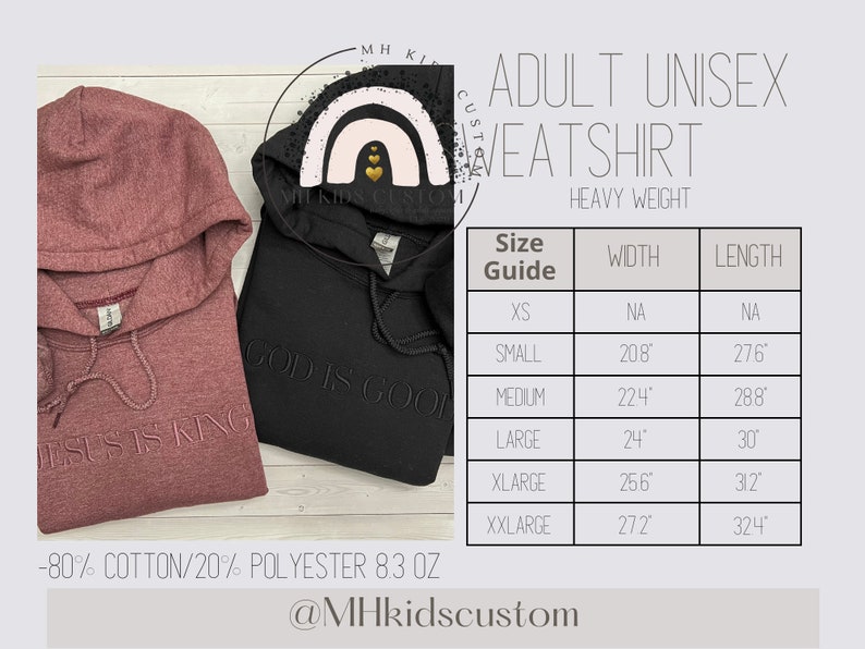 May include: A size chart for adult unisex sweatshirts, showing width and length measurements in inches for sizes XS through XXL. The chart is printed on a white background with black text. The text "Adult Unisex Sweatshirt" is printed in black at the top of the chart. The text "Heavy Weight" is printed in black below the text "Adult Unisex Sweatshirt". The text "Size Guide" is printed in black above the chart. The text "Width" is printed in black above the first column of the chart. The text "Length" is printed in black above the second column of the chart.