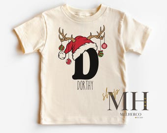 Personalized Reindeer Christmas Shirt, Custom Christmas Initial Name Shirt, Christmas Monogram Shirt, Kids Toddler Christmas Natural Shirt