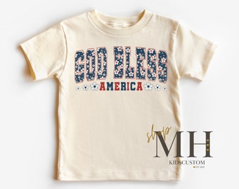 God Bless America Floral Shirt, Patriotic Kids T-shirt, Fourth of July Shirt, Retro GOD Shirt, Girls Kids Toddler Christian Tee, Natural Tee