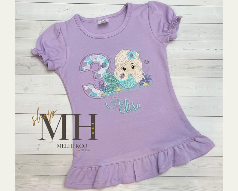 Embroidered Mermaid Birthday Ruffle Shirt, Custom Mermaid Shirt, Personalized Girl Mermaid Shirt, Mermaid Birthday Gift image 1