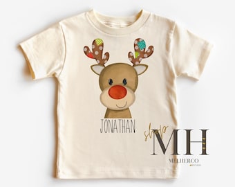 Personalized Christmas Reindeer Shirt, Custom Boy Christmas Shirt, Christmas Reindeer Shirt, Boys Kids Toddler  Christmas Natural Shirt
