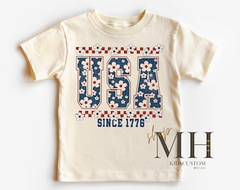 Retro USA Floral 1766 Shirt, Patriotic Kids Tshirt, Girl Fourth of July Shirt, Kids Retro American Flag Shirt, Girls Toddler Natural Tee