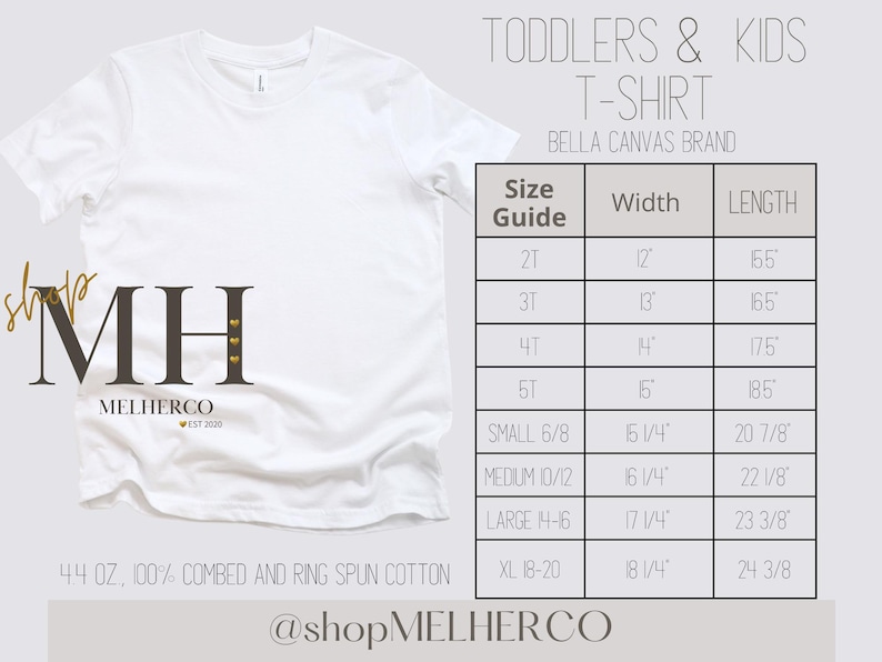 May include: White Bella Canvas brand toddler and kids t-shirt with a size guide. The size guide includes measurements in inches for width and length. The shirt is made of 4.4 oz, 100% combed and ring spun cotton.
