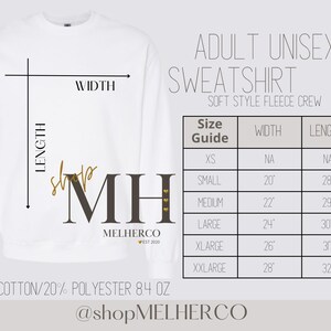 May include: White adult unisex sweatshirt with a size guide. The size guide shows the width and length measurements in inches for sizes XS to XXL. The sweatshirt is made of 80% cotton and 20% polyester.