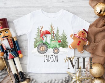 Personalized Christmas Reindeer Tractor Shirt, Custom Christmas Shirt, Reindeer Christmas shirt, Boys Kids Toddler Christmas Tee