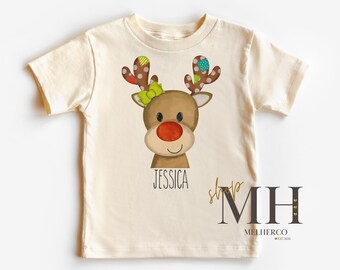 Personalized Christmas Reindeer Shirt, Custom Girl Christmas Shirt, Reindeer Shirt, Girls Kids Toddler Christmas Natural Shirt