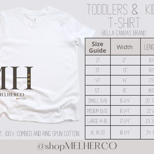 May include: White Bella Canvas brand toddler and kids t-shirt with a size guide. The shirt is made of 4.4 oz, 100% combed and ring spun cotton. The size guide includes measurements in inches for width and length.