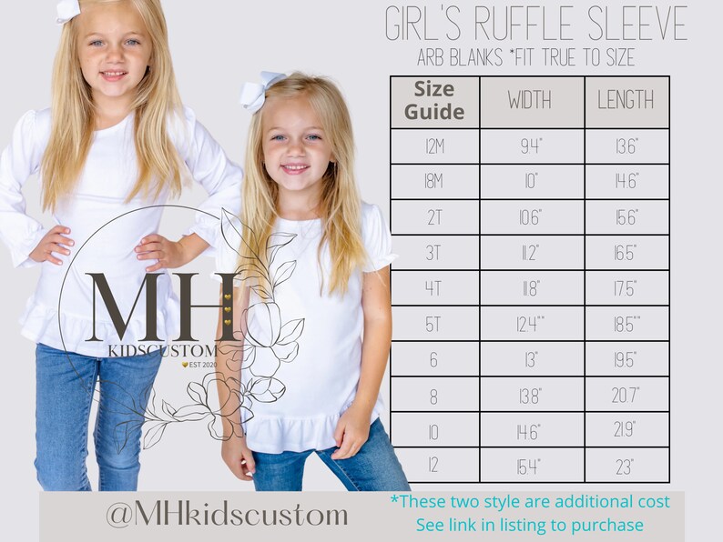 May include: White long-sleeve shirt with a ruffle detail on the sleeves. The shirt is available in sizes 12M to 12. Size chart with width and length measurements in inches.