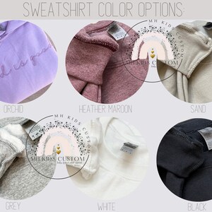 May include: A selection of sweatshirt colors, including orchid, heather maroon, sand, grey, white, and black. The text "MH Kids Custom" is visible on the image.