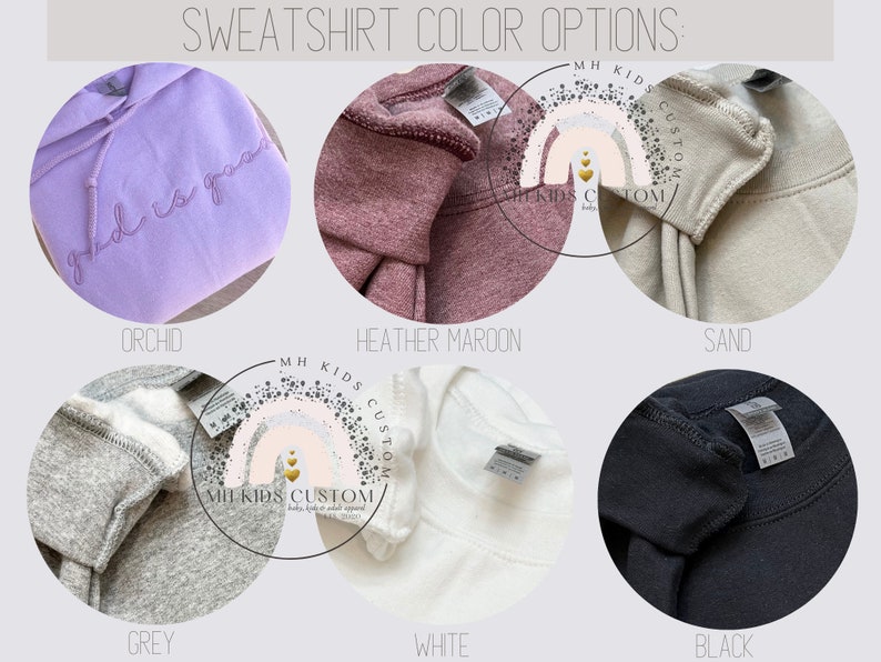 May include: A selection of sweatshirt colors, including orchid, heather maroon, sand, grey, white, and black. The text "MH Kids Custom" is visible on the image.