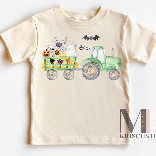 Tractor Halloween Shirt, Halloween Kids Shirt, Green Tractor Boys T-shirt, Ghost Toddler Natural Tee, Gifts For Kids