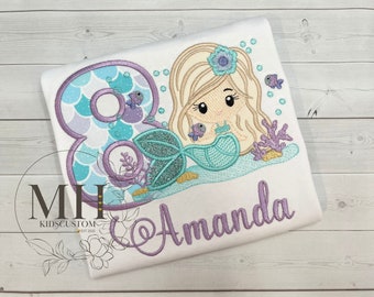 Embroidered Mermaid personalized birthday shirt, Custom Girls birthday shirt, mermaid birthday party