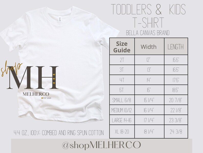 May include: White Bella Canvas brand toddler and kids t-shirt with a size guide. The shirt is made of 4.4 oz, 100% combed and ring spun cotton. The size guide shows the width and length in inches for each size.