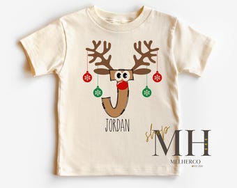Personalized Reindeer Christmas Shirt, Custom Christmas Name Shirt, Kids Christmas Monogram Shirt, Boys Kids Toddler Christmas Natural Tee