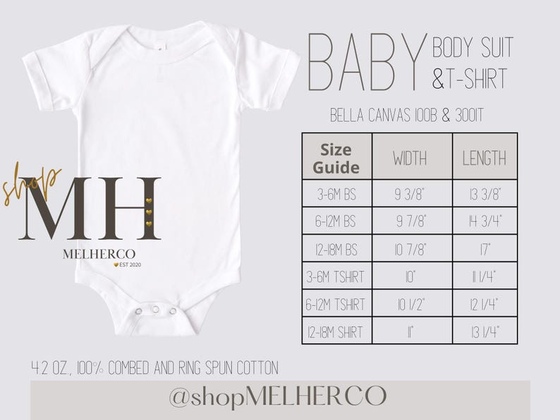 Puede incluir: Body de beb&eacute; blanco con una tabla de tallas. La tabla proporciona medidas para bodies y camisetas. Se muestra el texto "BABY BODY SUIT & T-SHIRT". Tambi&eacute;n es visible la marca "MELHERCO".