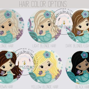 May include: Six different hair color options for a mermaid character. The mermaid is wearing a turquoise tail and a purple flower in her hair. The hair colors are blonde, light blonde, dark blonde/light brown, brown, yellow blonde, and black.