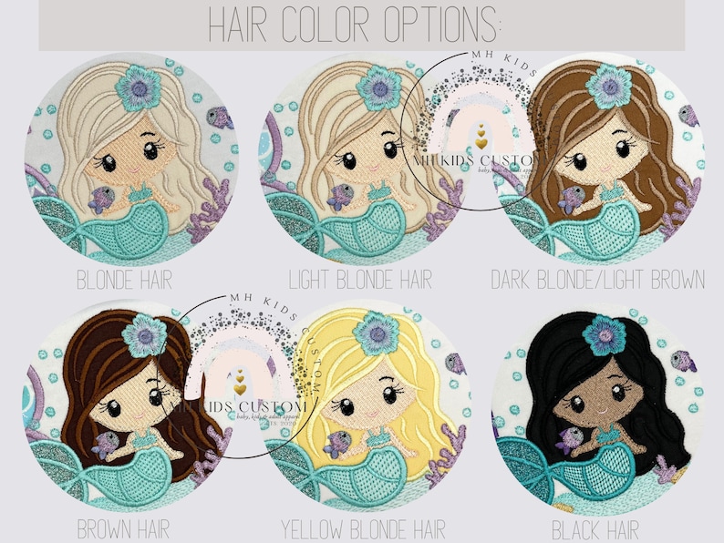 May include: Six different hair color options for a mermaid character. The mermaid is wearing a turquoise tail and a purple flower in her hair. The hair colors are blonde, light blonde, dark blonde/light brown, brown, yellow blonde, and black.