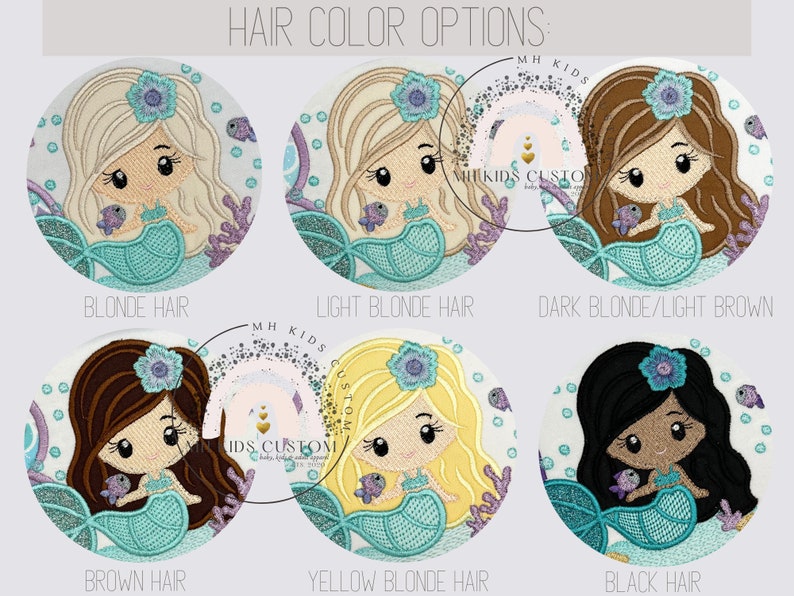 May include: Six different hair color options for a mermaid character. The mermaid is wearing a turquoise tail and a purple flower in her hair. The hair colors are blonde, light blonde, dark blonde/light brown, brown, yellow blonde, and black.