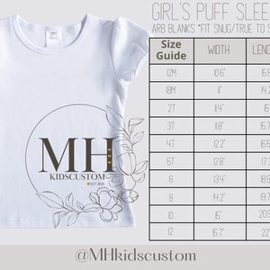 May include: White puff sleeve t-shirt with a black and white logo that says "MH KIDSCUSTOM EST 2020". A size chart is included with measurements in inches.