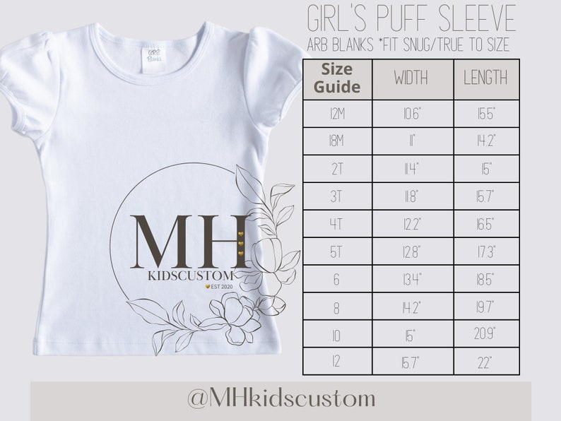 May include: White puff sleeve t-shirt with a black and white logo that says "MH KIDSCUSTOM EST 2020". A size chart is included with measurements in inches.