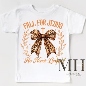 Fall For Jesus Shirt, Cute Fall Autumn T-shirt, Girl Jesus Shirt, Leopard Bow, Christian Kids Apparel, Girls Toddler Christian Tee, 1