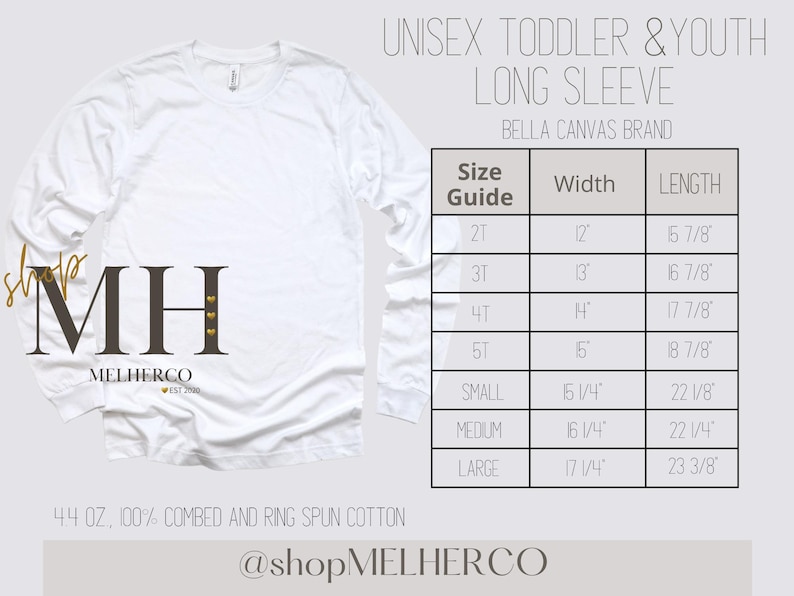May include: White long-sleeve shirt for toddlers and youth. The shirt is made of 4.4 oz, 100% combed and ring spun cotton. A size guide is included, with measurements in inches for width and length. The brand is Bella Canvas.