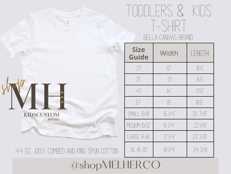 K&ouml;nnte beinhalten: Ein wei&szlig;es T-Shirt der Marke Bella Canvas f&uuml;r Kleinkinder und Kinder. Das Bild enth&auml;lt eine Gr&ouml;&szlig;entabelle mit Ma&szlig;en in cm und den Text "TODDLERS & KIDS T-SHIRT". Das Shirt besteht aus 4,4 oz, 100 % gek&auml;mmter und ringgesponnener Baumwolle.