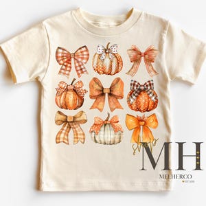Camiseta con lazo de calabaza de otoño, camiseta de Halloween para niña, camiseta de calabaza para niños, camiseta natural de Acción de Gracias para niñas y niños pequeños