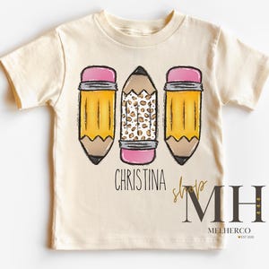 Personalized Back to School Shirt, First Day Of School Shirt, Girl Custom Name shirt, Natural Tee, Girl Leopard Pencil Shirt