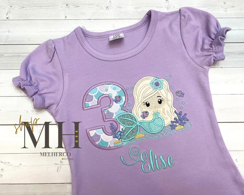 Embroidered Mermaid Birthday Ruffle Shirt, Custom Mermaid Shirt, Personalized Girl Mermaid Shirt, Mermaid Birthday Gift image 2