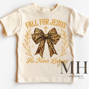 Fall For Jesus Shirt, Cute Fall Autumn T-shirt, Girl Jesus Shirt, Leopard, Christian Kids Apparel, Girls Kids Toddler Christian Natural Tee