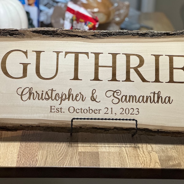 Personalized Wedding Gift Name Sign. Live Edge Wood Name Sign, Engraved Wedding Gift, Personalized Anniversary Sign, Custom Engraved Sign