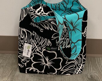 Cotton Canvas Tote/Hawaiian Print Reversible/women's bag/shoulder bag/gift for her/school bag/town bag/made in Hawaii/summer/MC601 blk/Teal