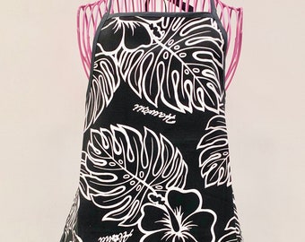 Delantal para adulto con estampado floral y bolsillos anchos/lona de algodón/negro/rosa/verde azulado/crema/monstra/hecho en Hawái/San Valentín/artículo de cocina/duradero/MC102
