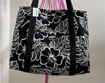 Beach bag L,Hawaiian Tote bag,Hawaiian Print,Made in Hawaii,Shopping Bag,Travel Tote Bag,Gym bag,Mother's Bags,Baby bag,Yoga Bag,900L Black