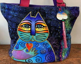 Laurel Burch Bright Rainbow Feline Cat Ears Medium Tote Canvas Bag Handbag NWT