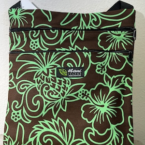 Hawaii Crossbody bags,Cotton canvas,Cross body bag with pockets,Shoulder bags,Hawaiian print,Made in Hawaii,Monstera,Summer,MC909 Brown