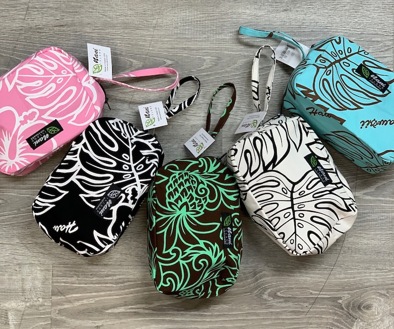 Dam Necessär med dragkedja/bomullscanvas/påse/väska/accessoarväska/hawaiianskt tryck/tillverkad på Hawaii/Monstera/ananas/sommar/MC006 bild 1