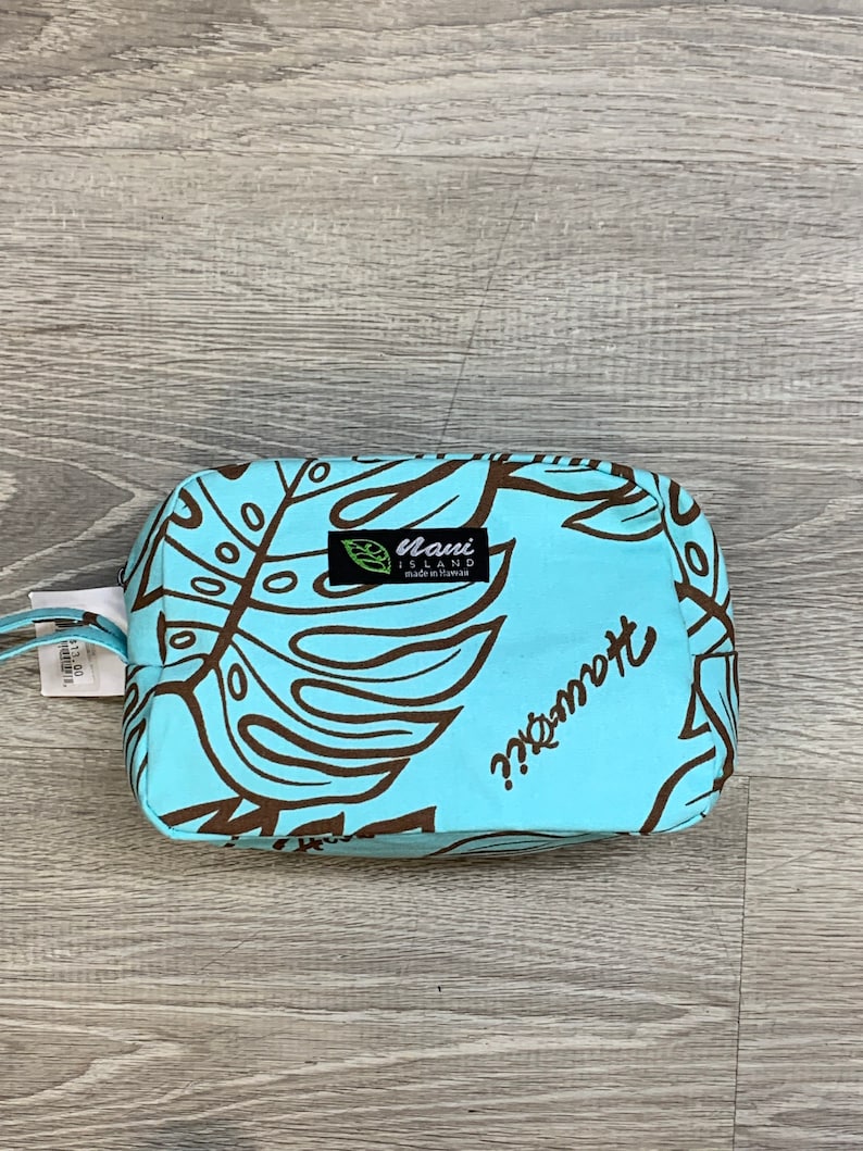 Women's Cosmetic bag with zipper/cotton canvas/Pouch/Purse/Accessory bag/Hawaiian Print/made in Hawaii/Monstera/Pineapple/Summer/MC006 Monstera Teal